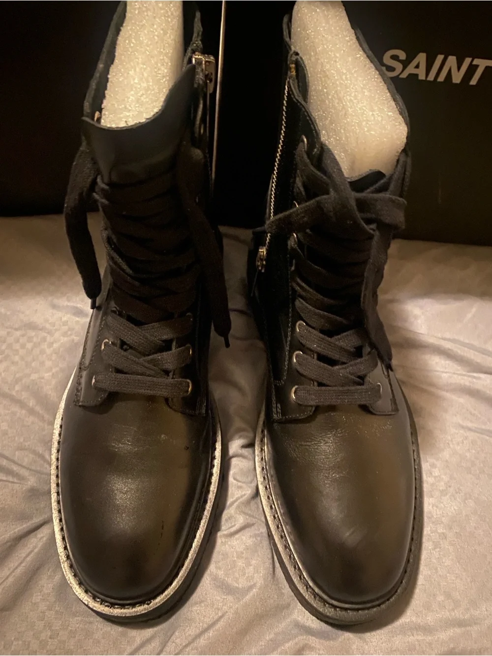 Saint Morta Black Leather Lace-Up Combat Boots with Side Zip
